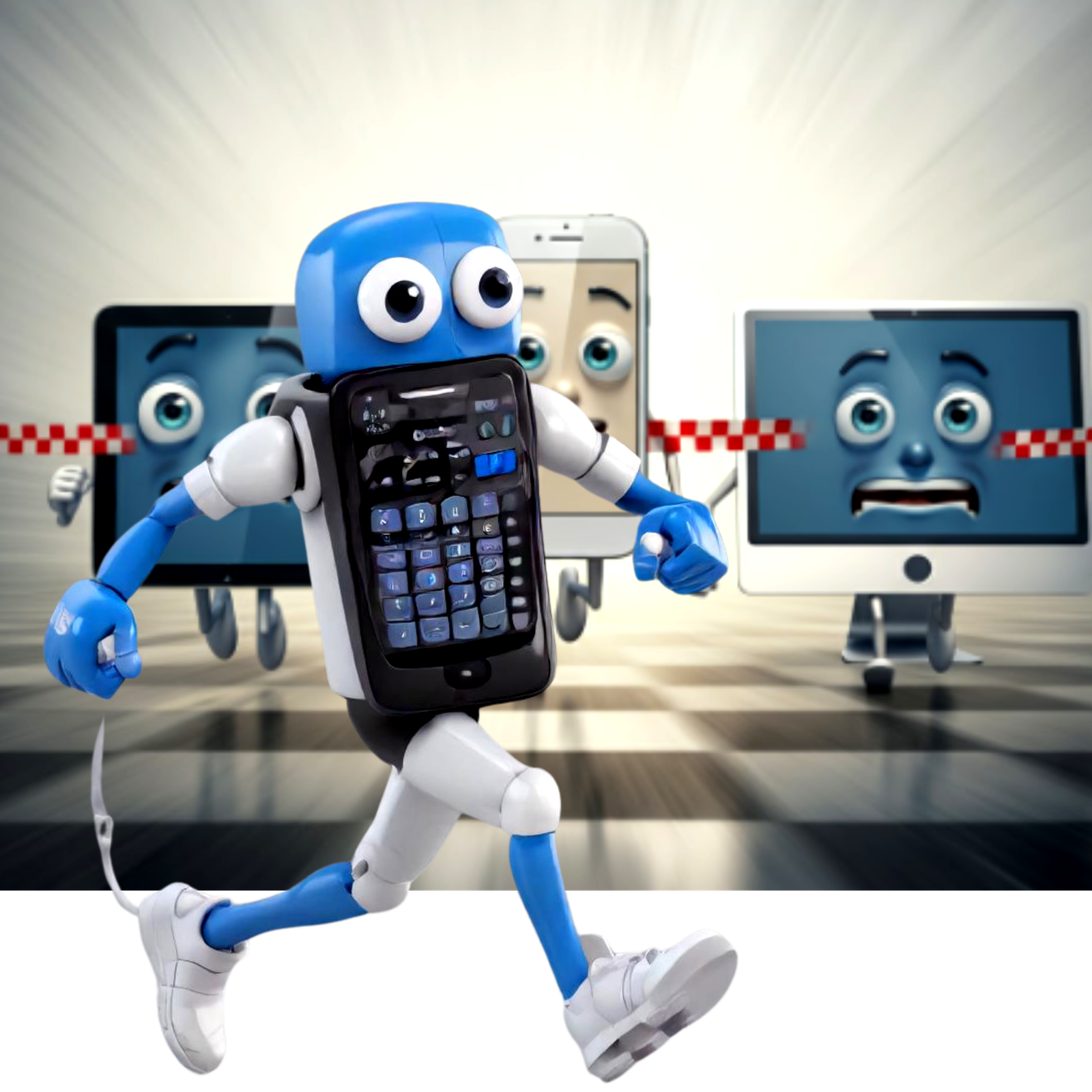 alue mobile phone pixar style character is running, and wining the race against laptop and desktop. Mobile First...